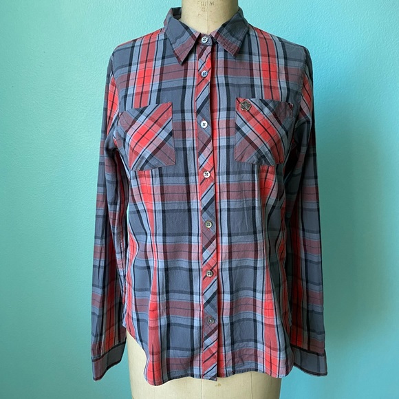 Obey Women’s red grey plaid collared button down shirt / size medium small - Picture 1 of 8
